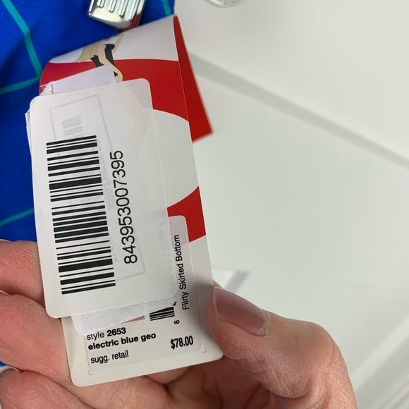 NWT Spanx Size 12 Flirty Skirted Swim Bottom Electric Blue Geo Bikini Suit - Picture 5 of 9